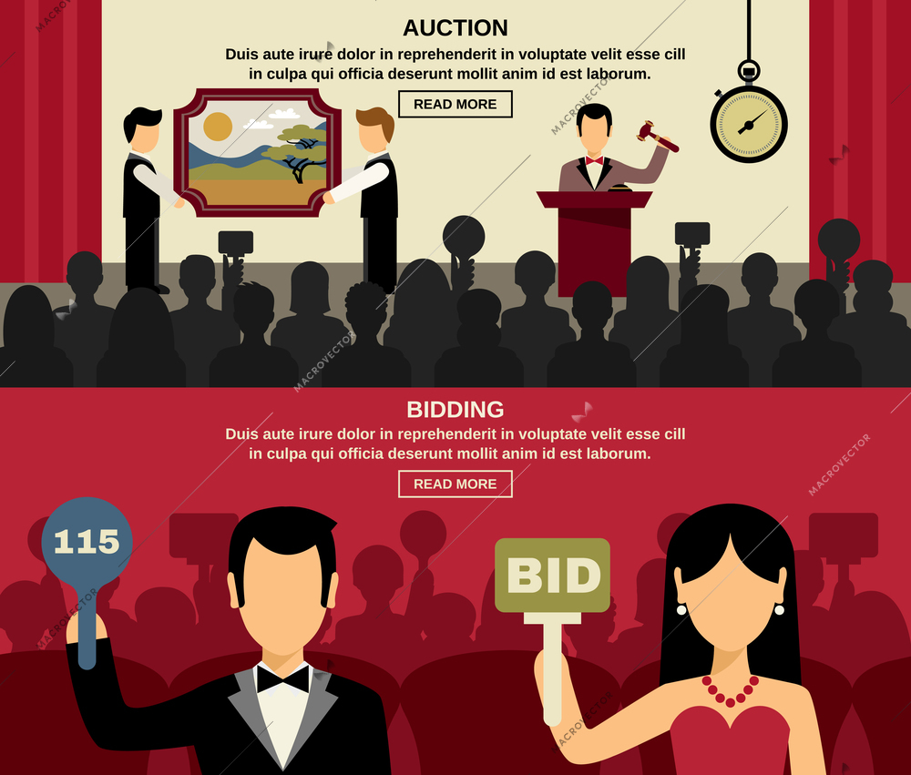 Auction and bidding horizontal banners set with people and picture flat isolated vector illustration