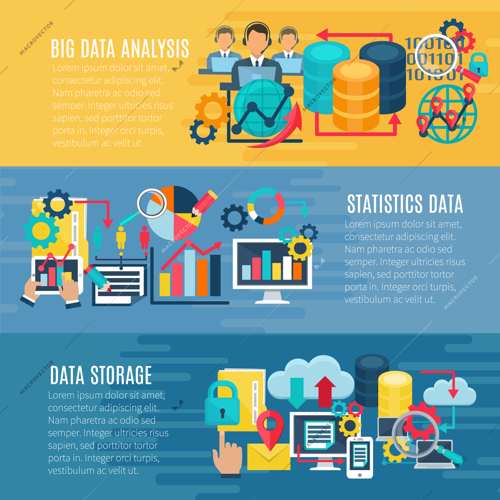 Big data statistic analysis storage en processing techniques 3 flat horizontal banners set abstract isolated illustration vector