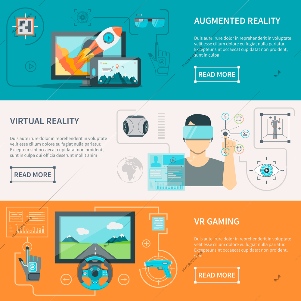 Augmented reality by electronic glass virtual reality wear and VR gaming with controllers flat horizontal banners vector illustrations