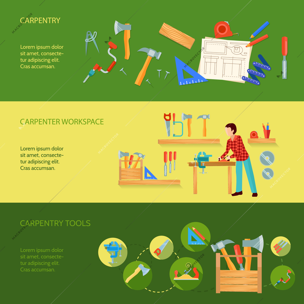 Carpentry tools workspace and activity example concept three horizontal banners vector illustration