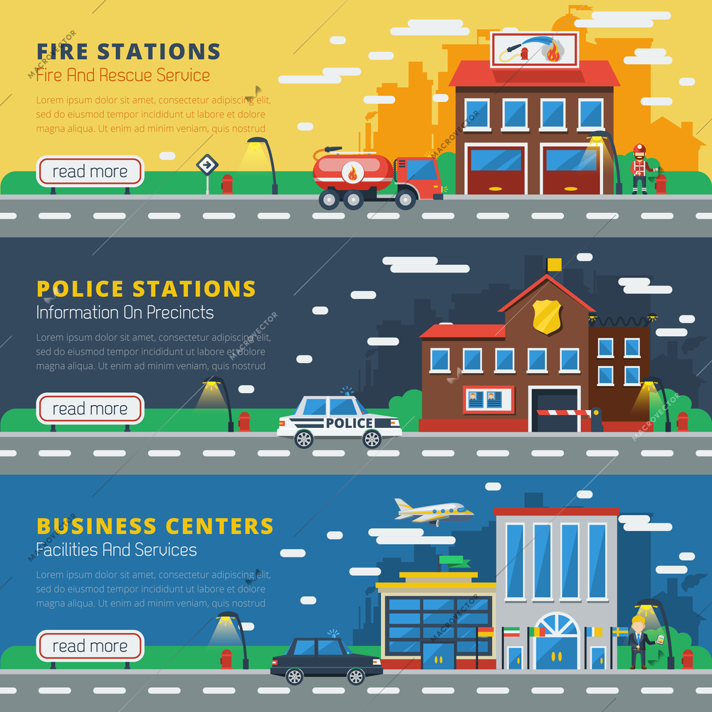 Government buildings horizontal banners with fire stations police stations business centers design compositions on town silhouettes background flat vector illustration
