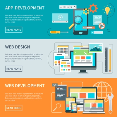 Set of three horizontal concept banners illustrated aspects of website development process vector illustration