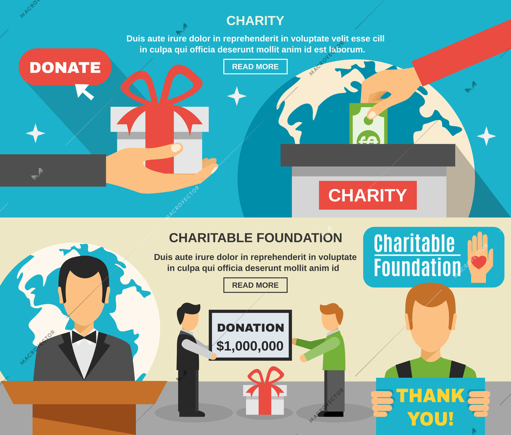 Charity and donations horizontal banners set with people and world symbols flat isolated vector illustration