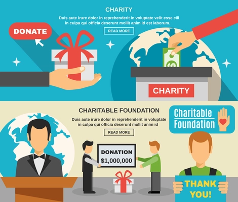 Charity and donations horizontal banners set with people and world symbols flat isolated vector illustration