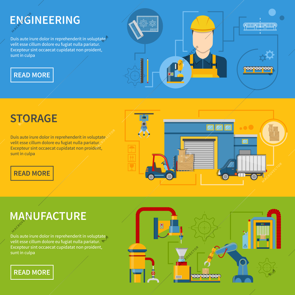 Production line process with different stages of development banner set vector illustration