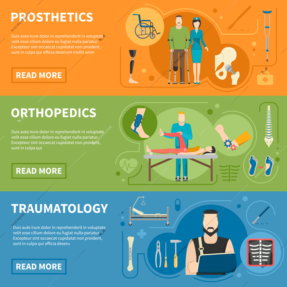 Traumas medical help advertising of prosthetics orthopedics and traumatology horizontal banners flat vector illustration