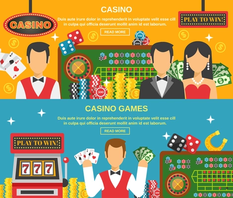 Casino and gambling horizontal banners set with casino games symbols flat isolated vector illustration