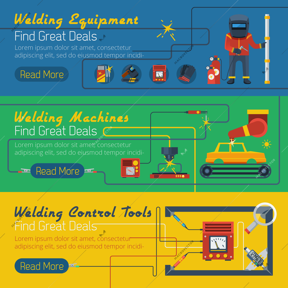 Tree welder horizontal banners with advertising of control tools  and equipment for welding works flat vector illustration