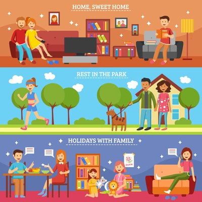 Three flat horizontal family members banners set with different types of activity vector illustration