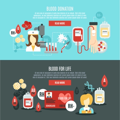 Blood donor horizontal banner set with medical healthcare and clinic elements isolated vector illustration