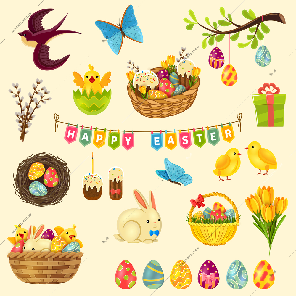Easter cartoon symbols set with eggs chicken and cake isolated vector illustration