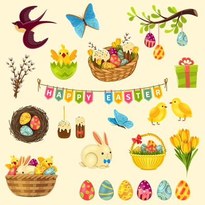 Easter cartoon symbols set with eggs chicken and cake isolated vector illustration