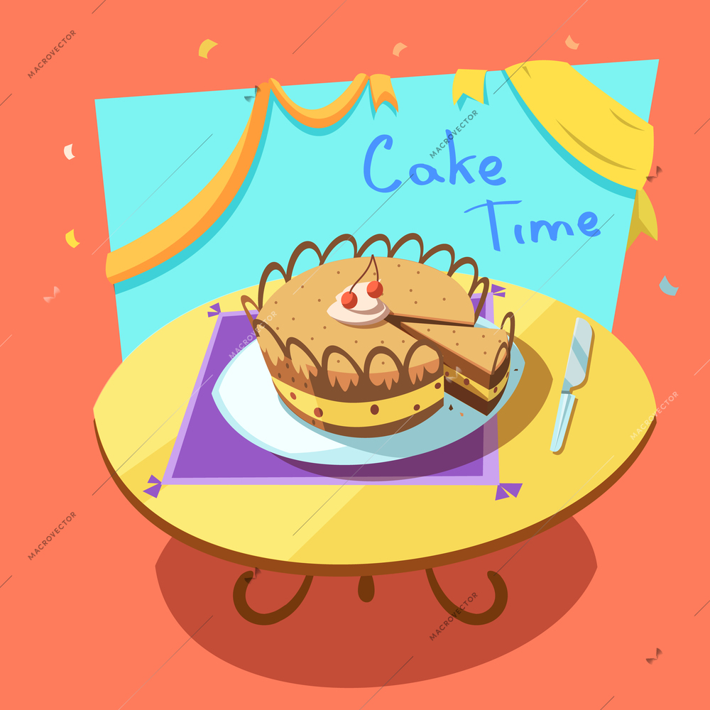 Bakery cartoon with sweet holiday layered cake on table retro style vector illustration