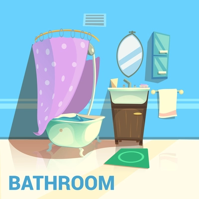 Bathroom retro design with bath mirror water and soap cartoon vector illustration