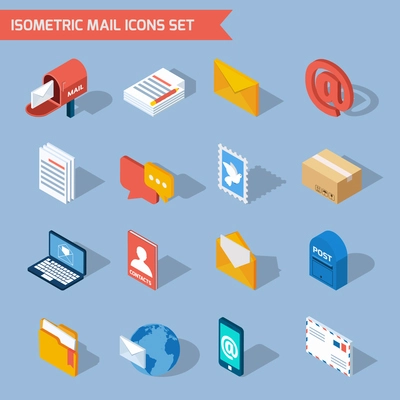 Isometric mail icons set with 3d mailbox email envelope isolated vector illustration