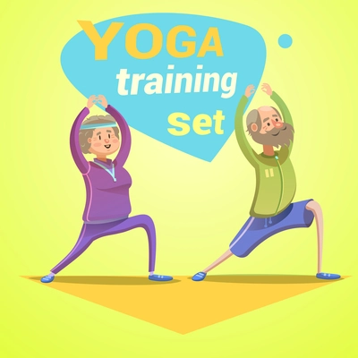 Yoga retro cartoon with happy seniors making workout vector illustration