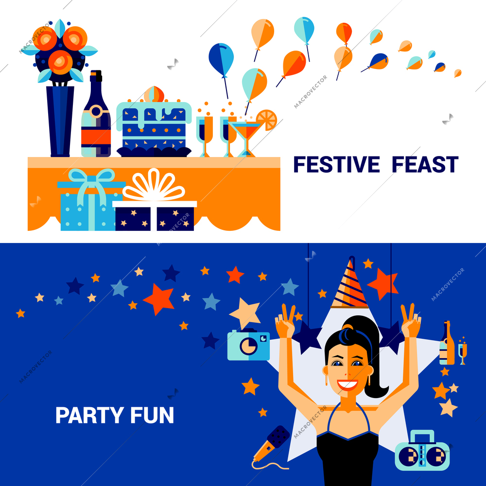 Horizontal celebration banners with items of festive feast  fun party elements and smiling girl vector illustration