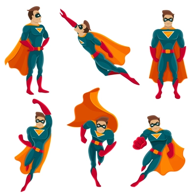 Superhero actions icon set in cartoon colored style different poses vector illustration