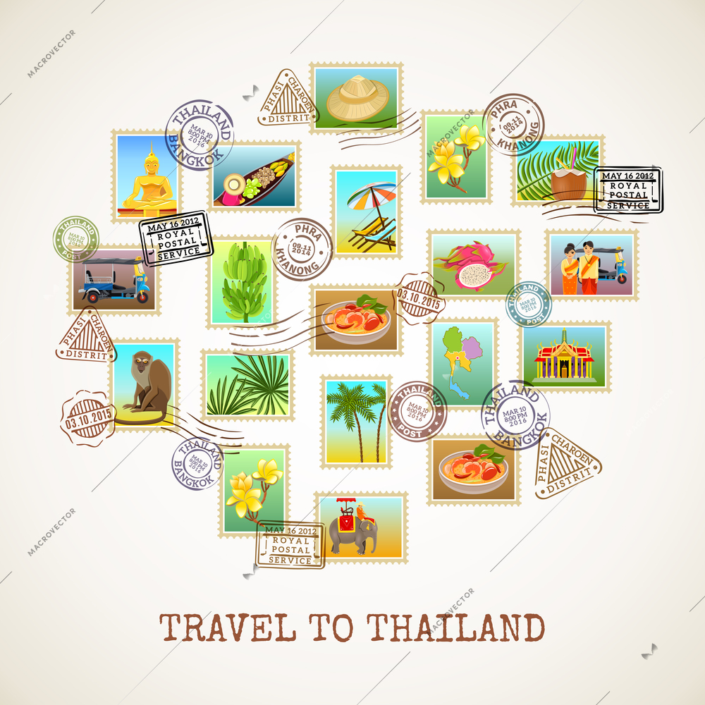 Thailand poster with images of postal stamps with sights flora and fauna of the country vector illustration