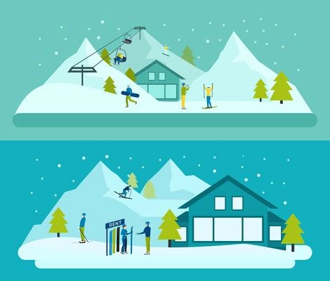 Ski resort horizontal banner set with mountains on background isolated vector illustration