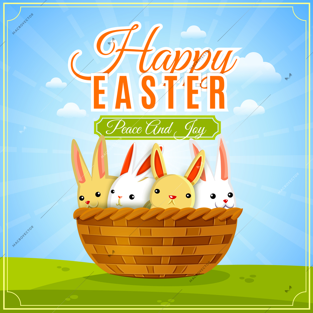 Happy easter poster with bunnies in basket on spring outdoor background vector illustration