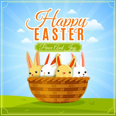 Happy easter poster with bunnies in basket on spring outdoor background vector illustration