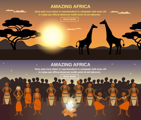 African people horizontal banners set with amazing Africa symbols flat isolated vector illustration