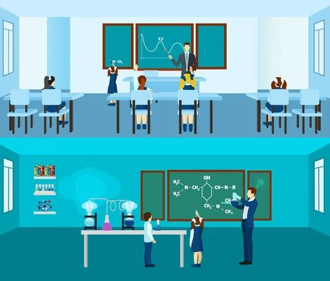 Teacher horizontal banner set with pupils in classroom isolated vector illustration