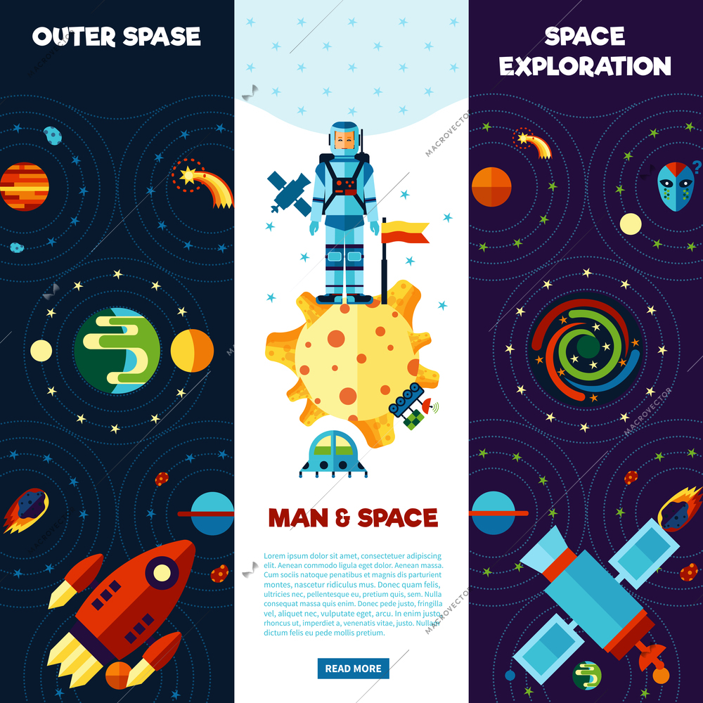 Space banners set with astronaut planets and satellites isolated vector illustration