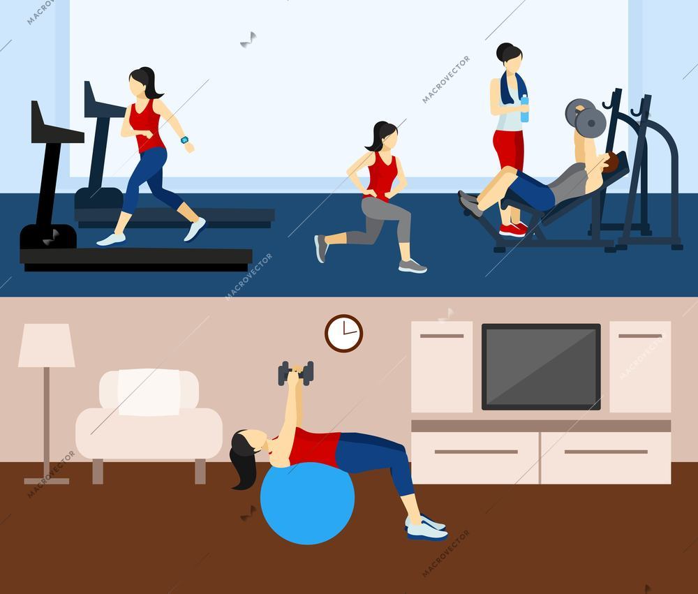 Fitness workout horizontal banner set with people doing sports at home and in gym isolated vector illustration