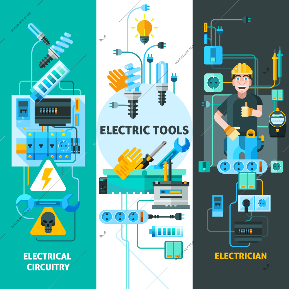 Electricity vertical banners set with electric circuitry symbols flat isolated vector illustration