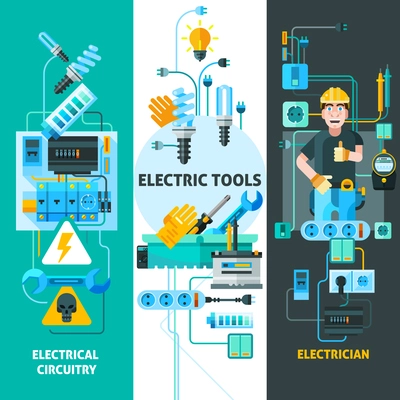 Electricity vertical banners set with electric circuitry symbols flat isolated vector illustration