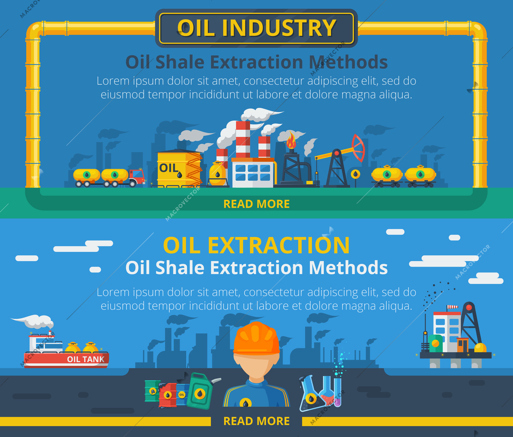 Oil industry horizontal banner set with extraction symbols isolated vector illustration