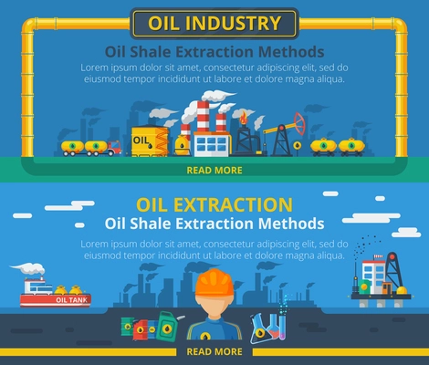 Oil industry horizontal banner set with extraction symbols isolated vector illustration