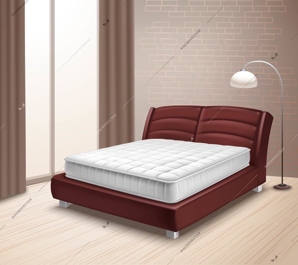 Double mattress bed in home interior with curtained window and floor lamp in realistic style isolated vector illustration