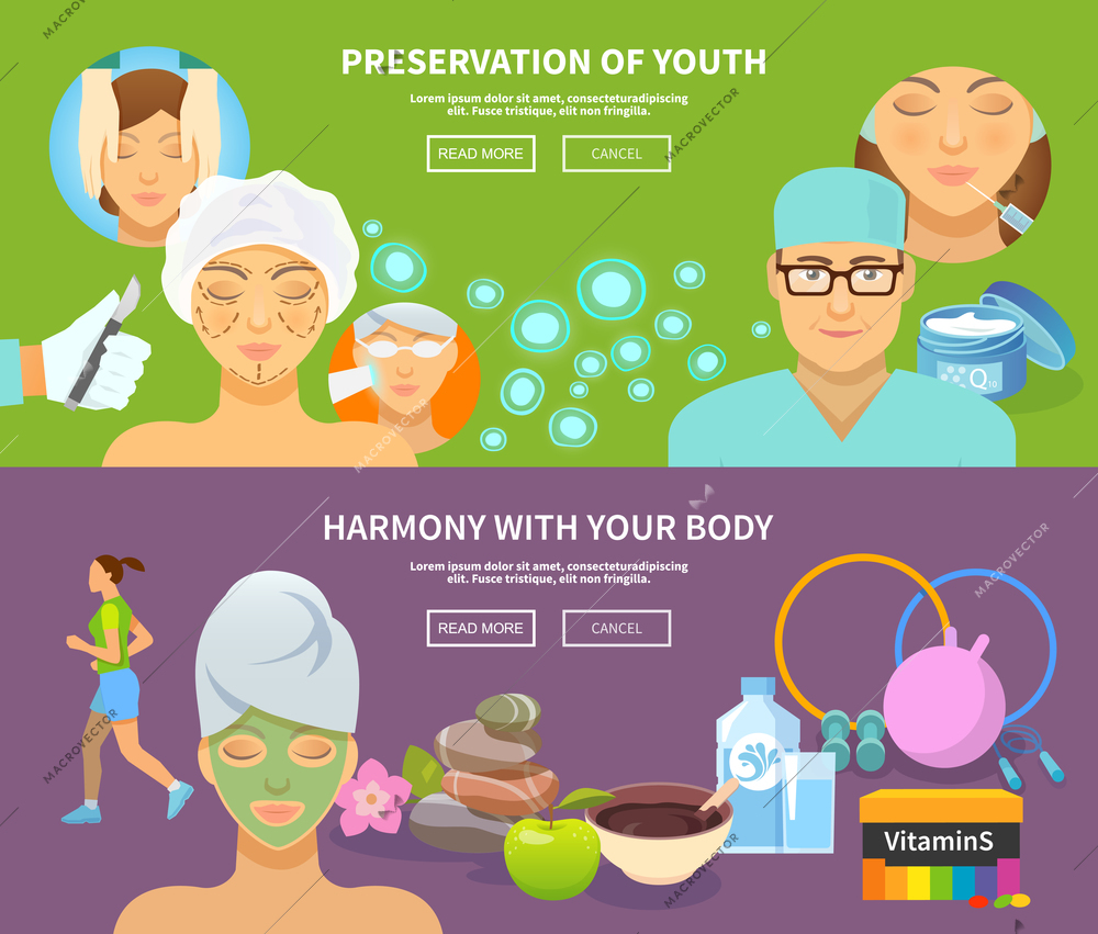 Rejuvenation horizontal banner set with medical procedures and beauty treatment elements isolated vector illustration