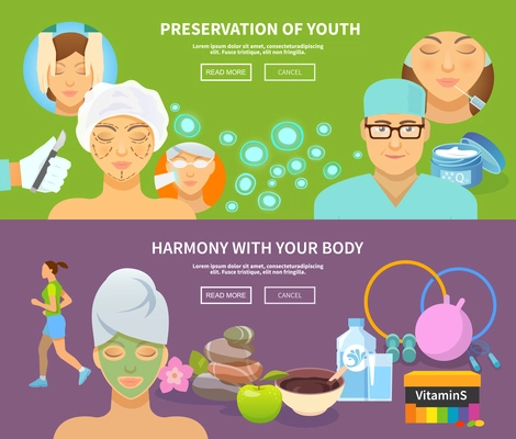 Rejuvenation horizontal banner set with medical procedures and beauty treatment elements isolated vector illustration