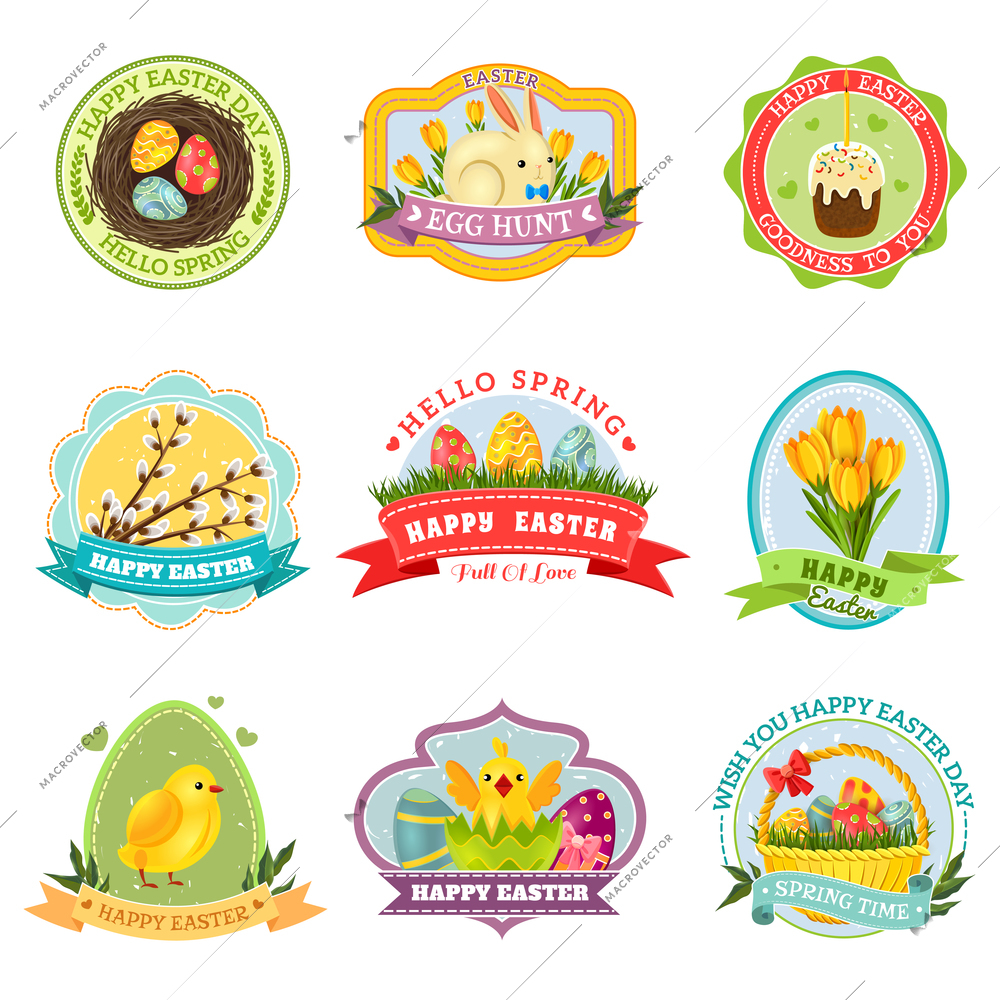 Easter colorful emblem set with spring holiday symbols isolated vector illustration