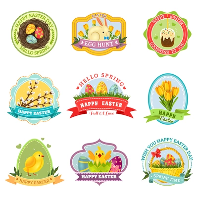 Easter colorful emblem set with spring holiday symbols isolated vector illustration