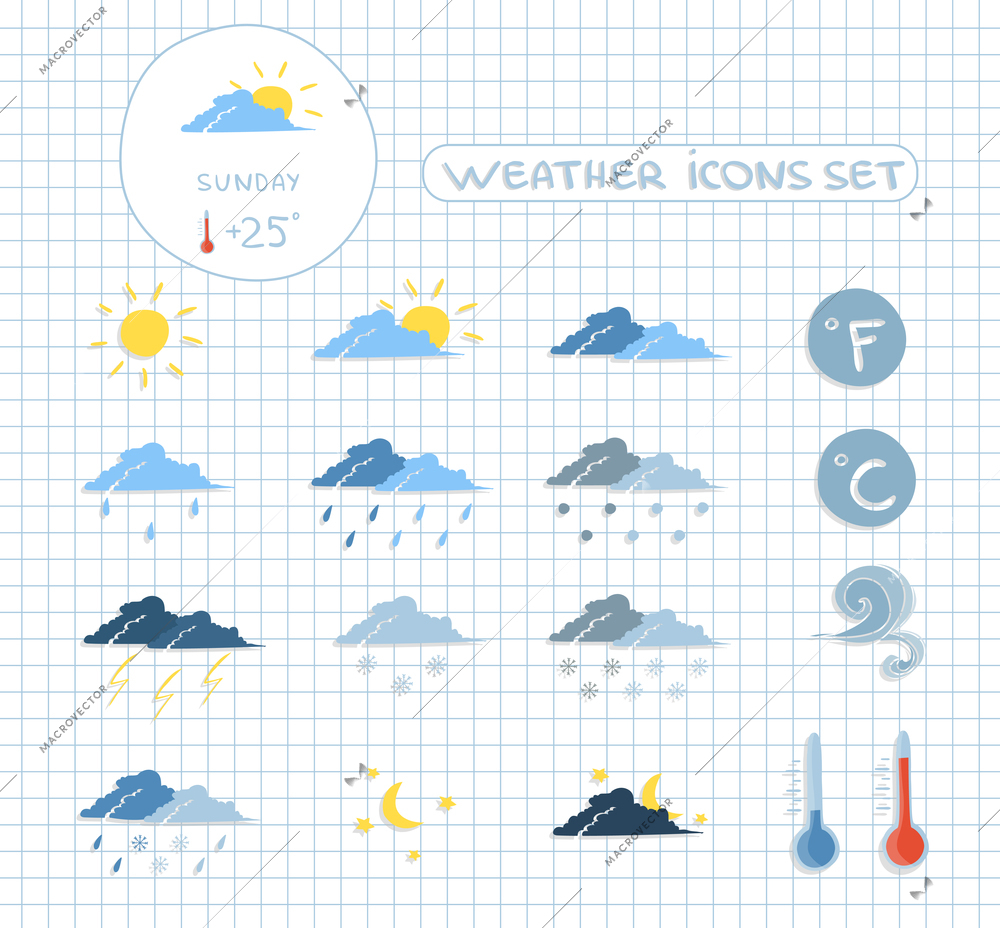 Weather forecast icons set of clear cloudy stormy and snow sky vector illustration