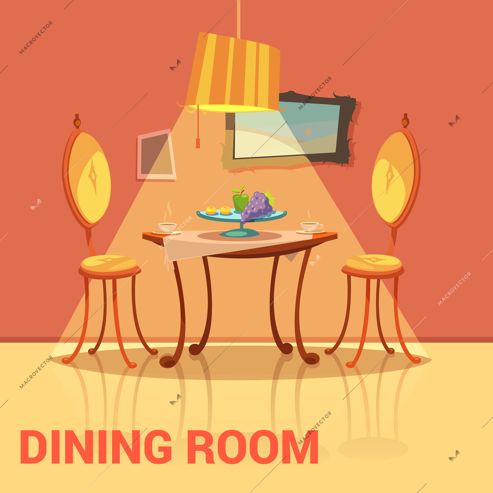 Dining room retro design with table chairs and picture cartoon vector illustration