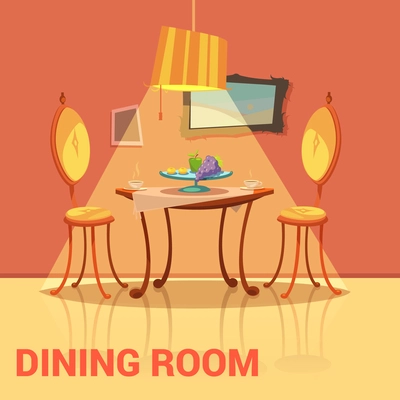 Dining room retro design with table chairs and picture cartoon vector illustration