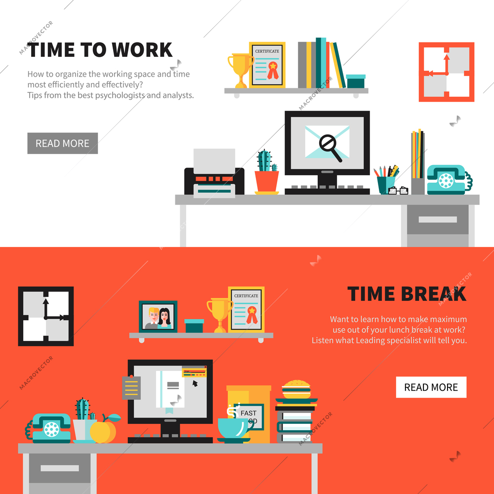 Horizontal office banners with workspace design concept sets and labels time work and time break vector illustration