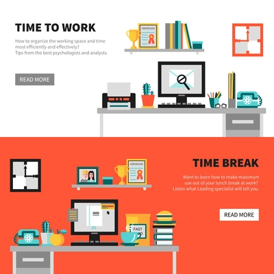 Horizontal office banners with workspace design concept sets and labels time work and time break vector illustration