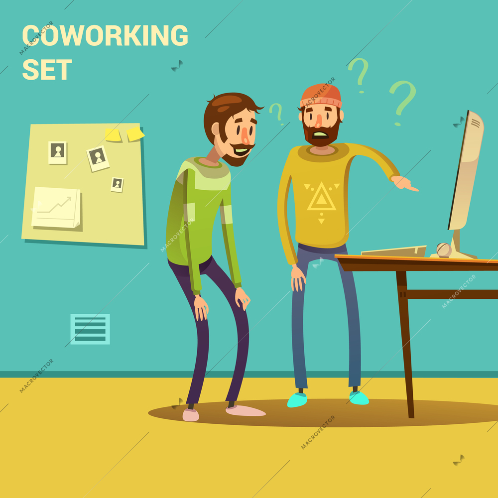 Coworking set with problem solving and solution symbols cartoon vector illustration