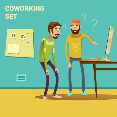 Coworking set with problem solving and solution symbols cartoon vector illustration