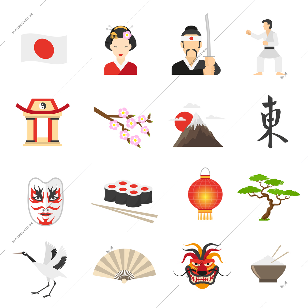 Japan icons set with sushi mountains and dragon symbols flat isolated vector illustration