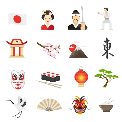 Japan icons set with sushi mountains and dragon symbols flat isolated vector illustration