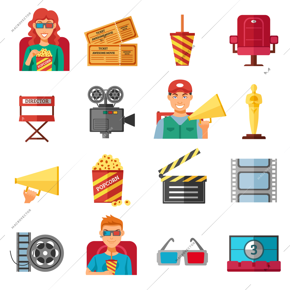 Flat color cinema decorative icons collection with 3d glasses popcorn  movie tickets and viewers isolated vector illustration