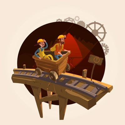 Mining concept with workers riding a coal trolley retro cartoon style vector illustration